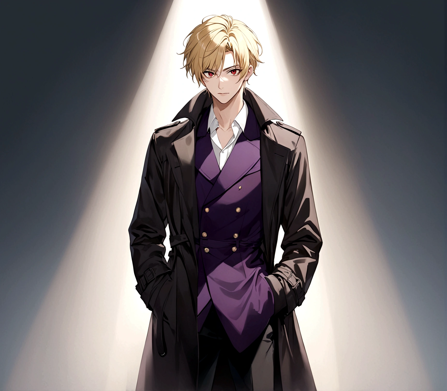Hands in pockets,Exquisite facial features,blond,Red Eyes,Young male,Black trench coat