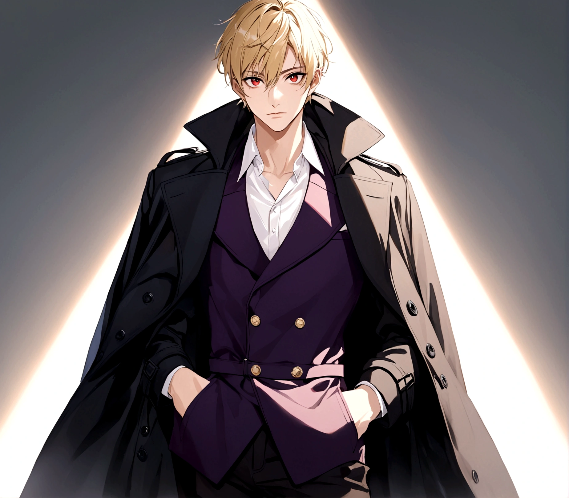 Hands in pockets,Exquisite facial features,blond,Red Eyes,Young male,Black trench coat