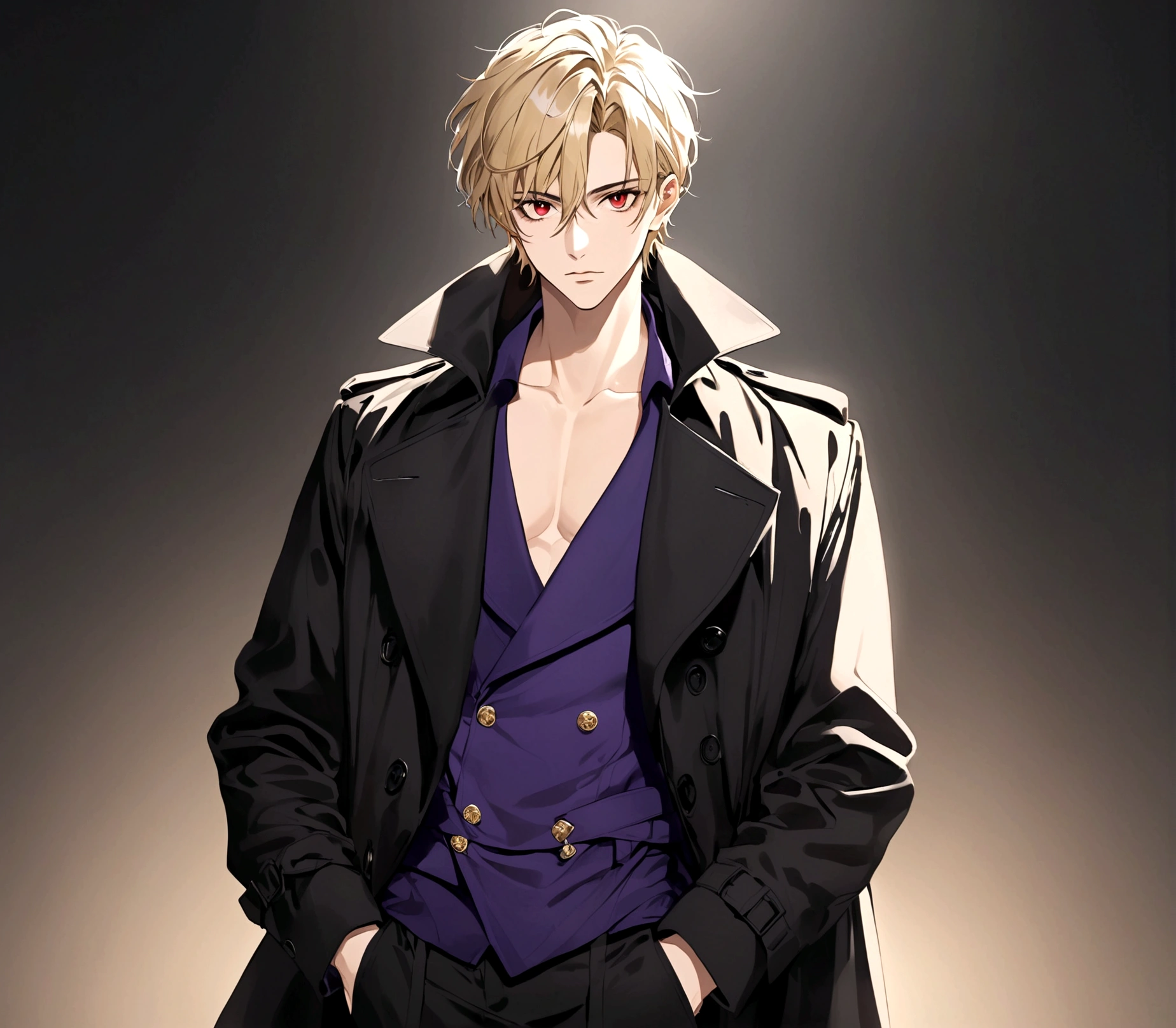 Hands in pockets,Exquisite facial features,blond，Red Eyes，Young male，Black trench coat