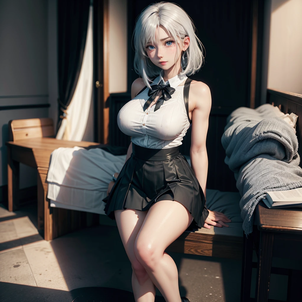 1 solo girl, perfect face, perfect body, perfect hands, perfect feet, blue eyes, short white hair, freckles, big breasts, big ass, white dress shirt, black tie, black pleated skirt, black socks, black leather shoes , school desk sitting position, high quality render, 8k —ar 2:3