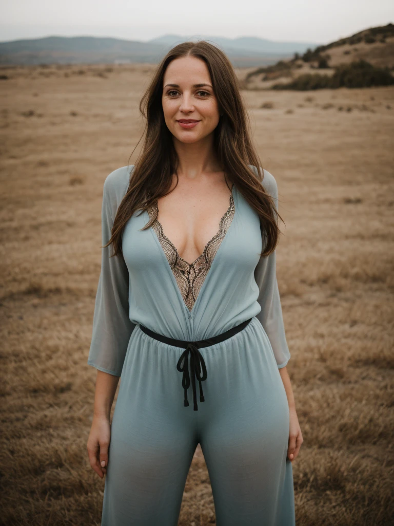 1girl, solo, photorealistic, realistic, long hair, ((ugly:1.5)), middle age, 35-year-old woman, wrinkles on her face and body, Caucasian woman, straight nose, dark brown hair, diamond face shape face, white skin, thin lips, monolid eyes, (medium shot, half body), shallow depth of field, vignette, highly detailed, high budget Hollywood movie, bokeh, cinemascope, moody, epic, gorgeous, film grain, grainy, realistic, depth of field, RAW photo, she is dressed in the color light blue (style of Abstract Expressionism Zimmermann lace jumpsuit. with Harem pants: Baggy, low-crotch pants with a relaxed and comfortable fit.) with Windswept Plateau in the background, (((dynamic pose))), she is looking at the camera smiling, (((butt out)))