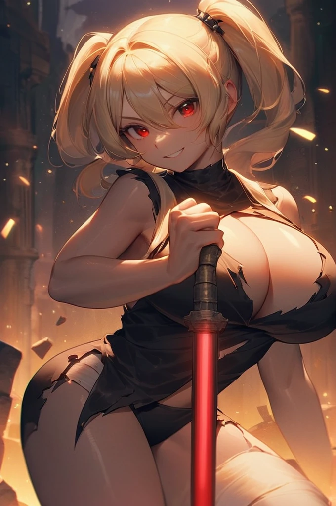 ((Лучшее качество)), ((шедевр)), (подробный), a girl, a blonde with two ponytails, huge breasts, red eyes, a beautiful body, short stature, a menacing expression, a grin, dressed in a black torn robe, sleeveless, without gloves, without pants, rag wraps on her legs, black panties, without a bra, in her hands the handle of a red lightsaber. Background of ancient ruins on a moonlit night. portrait format. front view.