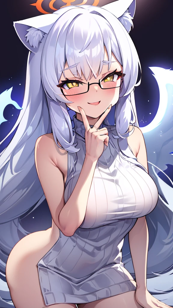 An 18 year old female angel with long, white hair, yellow eyes, white cat ears, and large white angel wings. yellow halo ring round white glasses (White halter turtleneck sweater, purekiller sweater, sleeveless,  backless sweater) white arm warmers finger touching lips