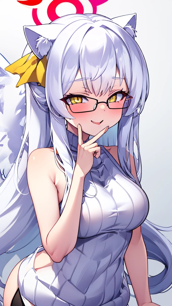 An 18 year old female angel with long, white hair, yellow eyes, white cat ears, and large white angel wings. yellow halo ring round white glasses (White halter turtleneck sweater, purekiller sweater, sleeveless, sexy backless sweater) white arm warmers finger touching lips