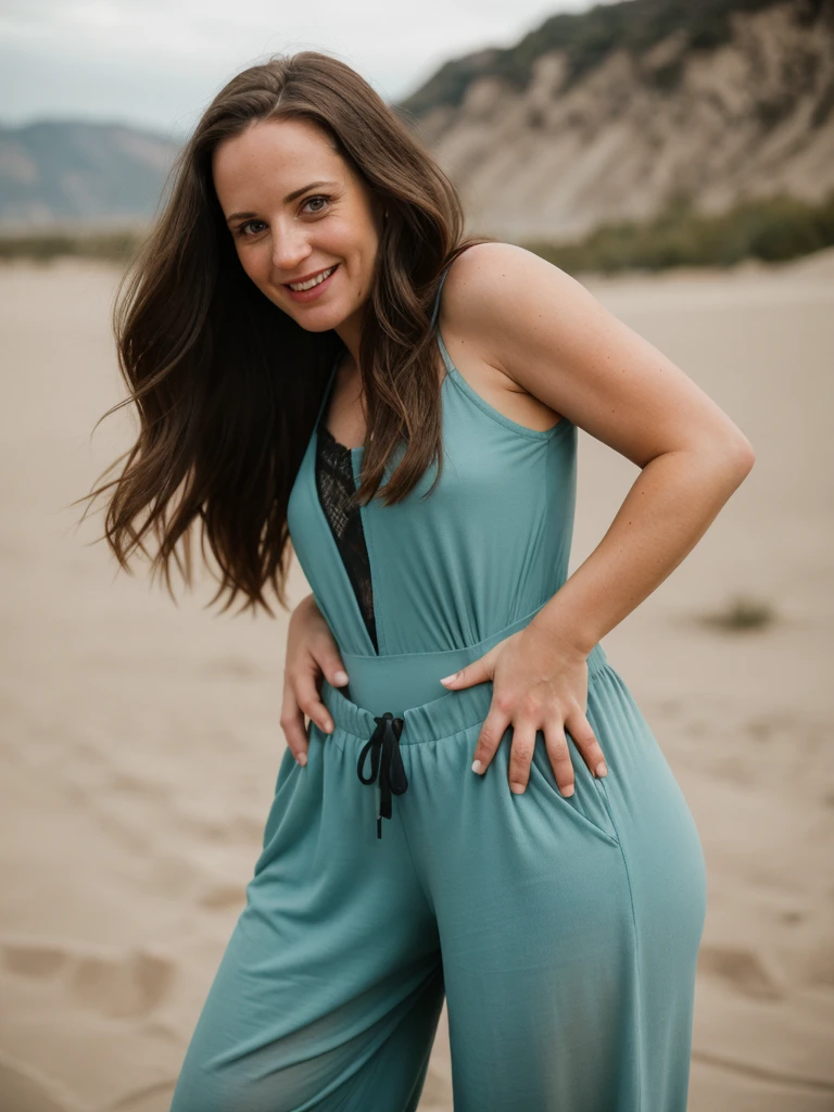 1girl, solo, photorealistic, realistic, long hair, ((ugly:1.5)), middle age, 35-year-old woman, wrinkles on her face and body, Caucasian woman, straight nose, dark brown hair, diamond face shape face, white skin, thin lips, monolid eyes, (medium shot, half body), shallow depth of field, vignette, highly detailed, high budget Hollywood movie, bokeh, cinemascope, moody, epic, gorgeous, film grain, grainy, realistic, depth of field, RAW photo, she is dressed in the color light blue (style of Abstract Expressionism Zimmermann lace jumpsuit. with Harem pants: Baggy, low-crotch pants with a relaxed and comfortable fit.) with Windswept Plateau in the background, (((dynamic pose))), she is looking at the camera smiling, (((butt out)))