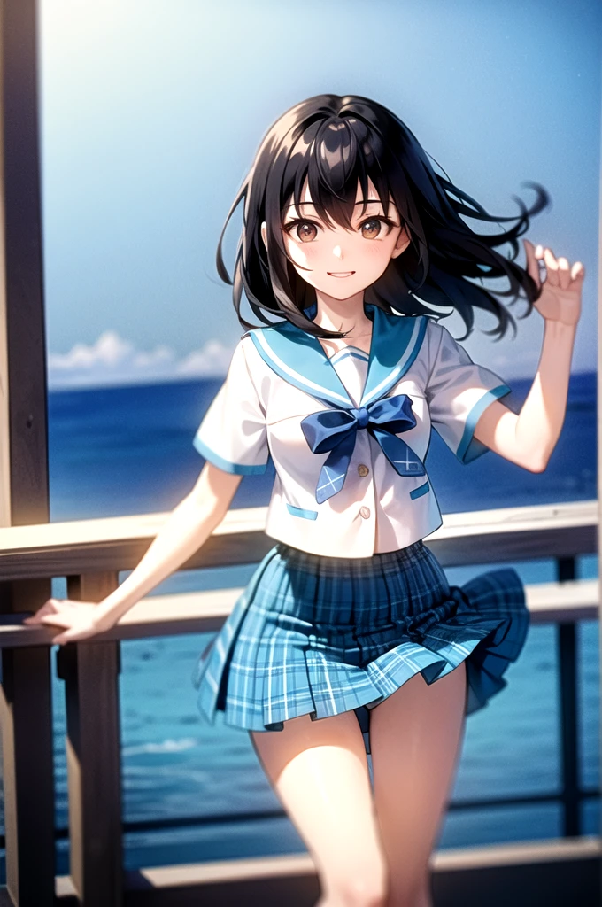 (masterpiece:1.3),( Highest quality:1.3), Super detailed, Ultra-high resolution、Details,1人のgirl, 1girl, 一人in, length_hair, Looking_in_Audience, short_hair, 前hair, black_hair, ribbon, hair_between_eye, brown_eye, girl, , Sailor suit, mini skirt, , null, Ocean、(Future City Port)、The wind is blowing、Perfect promotion、Fluttering skirt、The best smile、serafuku blue bow blue skirt plaid skirt、Beautiful woman、(Woman standing on a pier)、(Panty shot:1.2)、Beautiful Landscape、