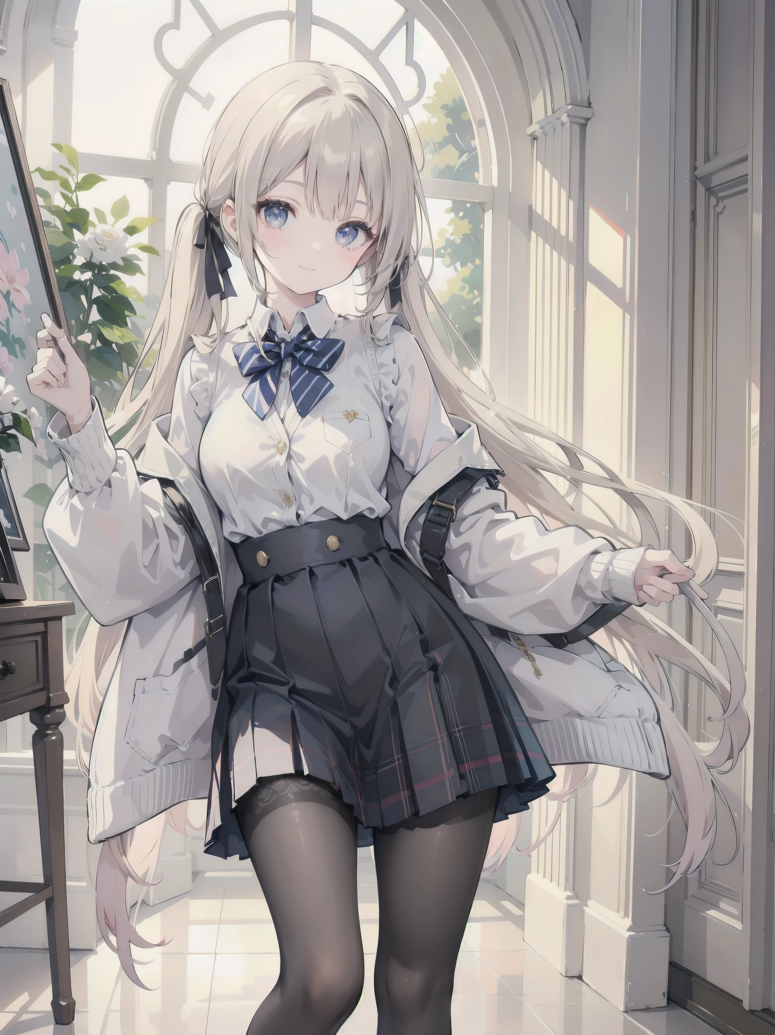 A lavish, photorealistic illustration of Soro, a charming 19th-century maiden, exudes elegance in a masterfully crafted scene. Framed by a ornate, gilded archway, she stands poised, her twintails adorned with sparkling bows, her cardigan vest and short-sleeved shirt perfectly complementing her plaid skirt. Over black legwear, her loafers add a touch of whimsy. A radiant smile spreads across her face, her eyes sparkling like diamonds in the soft, golden light. Every detail, from the intricate lace trim to the delicate folds of her garments, is meticulously rendered by a master illustrator's hand