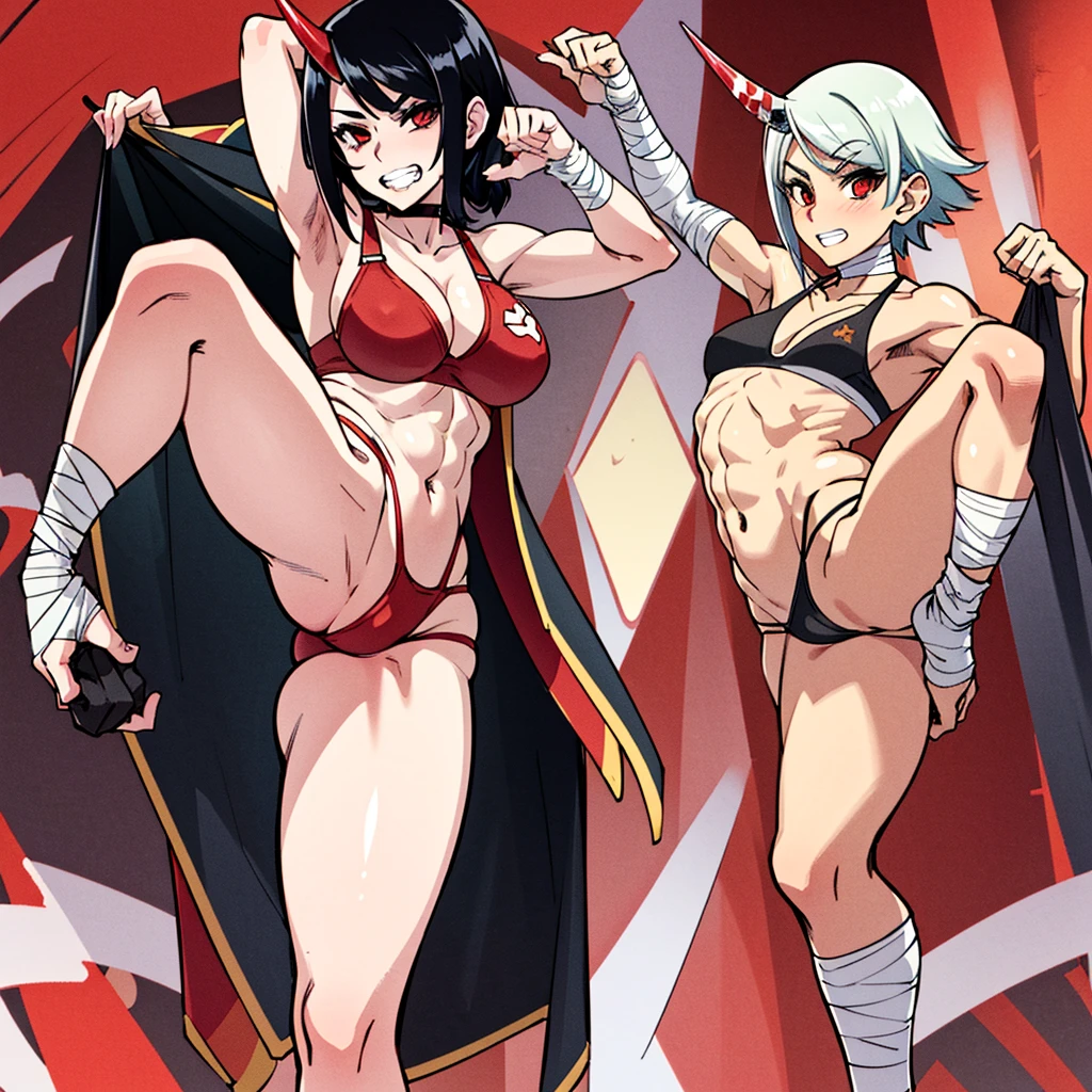 score_5_up, (1girl), ((short white hair)), ((bangs slicked back:1.3)), (black sclera:1.3), red eyes, red background, muscular female, ((bandaged arm)), ((bandaged leg)), ((black micro thong)), black sport bra, (red bead around neck), (single horn), looking at viewer, clenched teeth, standing on one leg,teep fighting stance,martial arts