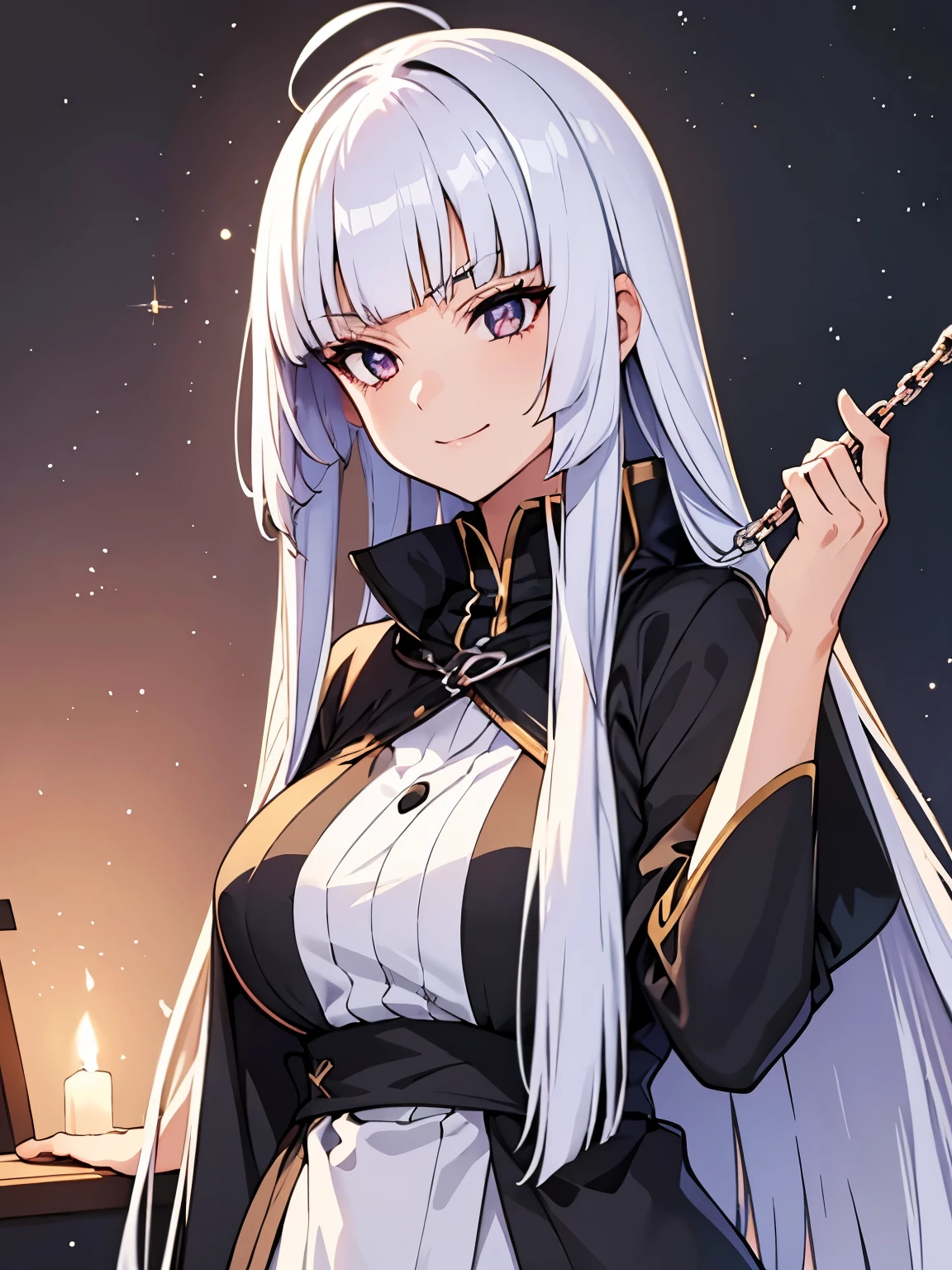 upper body, 1woman, Silver hair, Long Haired, Hime-style Hair, Ahoge, Silver eyes, (Trader), Black Long Cape, Black garb, big breats, wallpaper, Chain background, light particles, (masterpiece), best quality, closed-mouth, serious smile 