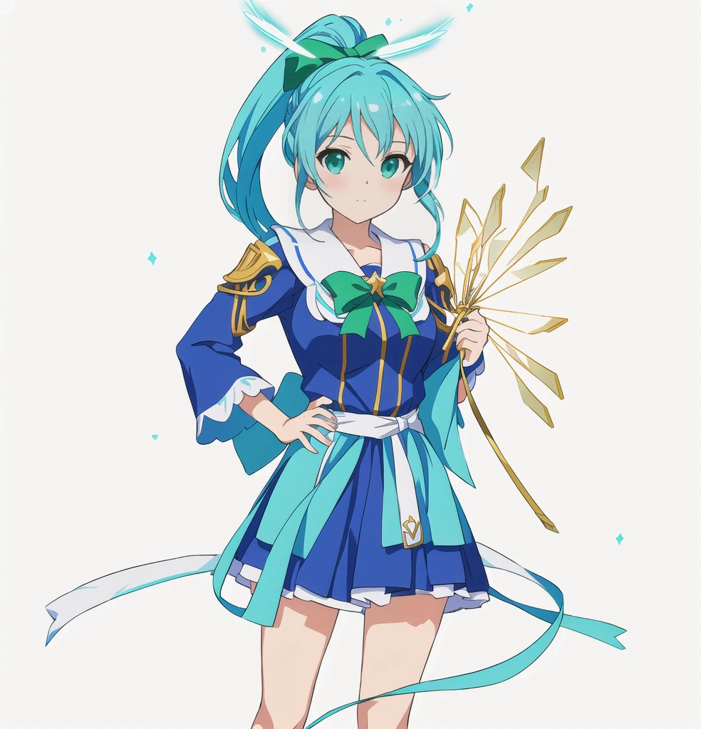 Highest quality, high resolution, High quality anime art style, Official Art, Smooth anime CG art, Stylized anime, Cute 3D anime girl render, Visual Novel Sprites, White background, whole body, Anime-style 3D, Smooth anime CG art, humanoid woman, JRPG Characters, Magical Girl Style, Anime woman in a blue dress with green ribbon, Turquoise Hair, ponytail, Neat hairstyle, tall, He holds a magic bow in his left hand., 20-year-old, 