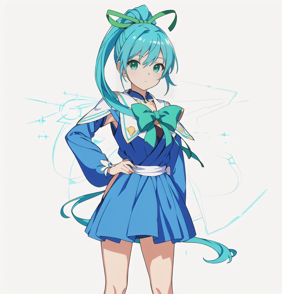 Highest quality, high resolution, High quality anime art style, Official Art, Smooth anime CG art, Stylized anime, Cute 3D anime girl render, Visual Novel Sprites, White background, whole body, Anime-style 3D, Smooth anime CG art, humanoid woman, JRPG Characters, Magical Girl Style, Anime woman in a blue dress with green ribbon, Turquoise Hair, ponytail, Neat hairstyle, tall, He holds a magic bow in his left hand., 20-year-old, 