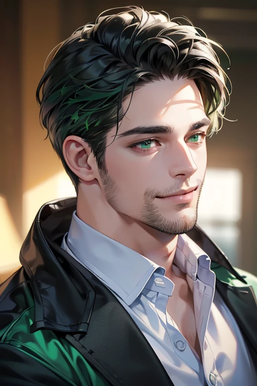 a handsome 35 year old man, 3 day beard, dark hair, sharp jawline, (mesmerizing green eyes), perfectly styled hair, wearing cool anime outfitt, dynamic lighting, (CEO), (expression, smile in love), (best quality,4k,8k,highres,masterpiece:1.2),ultra-detailed,(realistic,photorealistic,photo-realistic:1.37)
