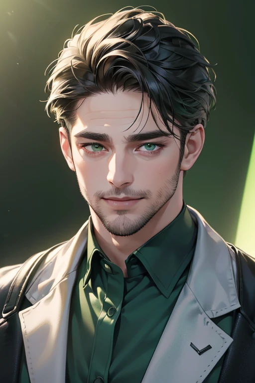 a handsome 35 year old man, 3 day beard, dark hair, sharp jawline, (mesmerizing green eyes), perfectly styled hair, wearing cool anime outfitt, dynamic lighting, (CEO), (expression, smile in love), (best quality,4k,8k,highres,masterpiece:1.2),ultra-detailed,(realistic,photorealistic,photo-realistic:1.37)