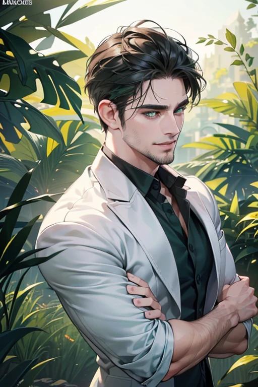 a handsome 35 year old man, 3 day beard, dark hair, sharp jawline, (mesmerizing green eyes), perfectly styled hair, wearing cool anime outfitt, dynamic lighting, (CEO), (expression, smile in love), (best quality,4k,8k,highres,masterpiece:1.2),ultra-detailed,(realistic,photorealistic,photo-realistic:1.37)