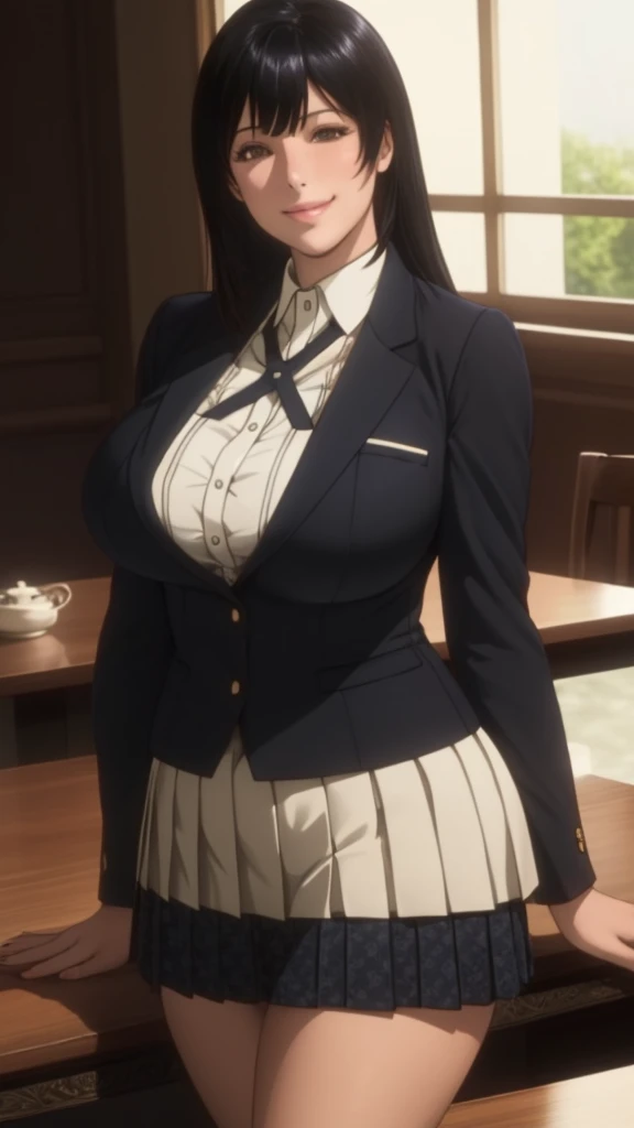 (8K, highest quality, table top:1.4), (intricate details:1.3), (realistic), (super detailed), 1 girl, alone, (married woman、40 generations)、Beautiful woman、mature woman, (Sensual smile:1.35), Front view, (leaning forward:1.2), show cleavage, looking at the viewer, tropical resort, detailed long hair, (fluffy long black hair), fine eyes, hourglass body shape, (Sensual curvy body:1.1), (small breasts), thick thighs, wide hips, small waist、( uniform),(sexy sailor suit ),(pleated mini skirt)、realistic lighting, natural soft light, dynamic lighting, red hair