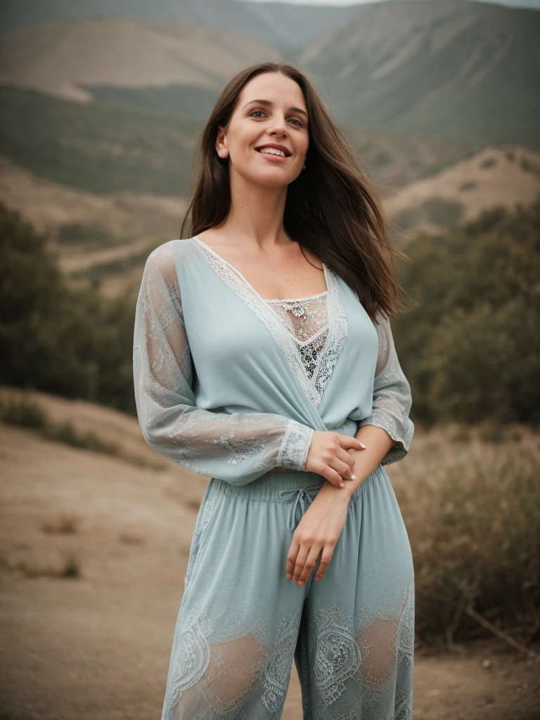 1girl, solo, photorealistic, realistic, long hair, ((ugly:1.5)), middle age, 35-year-old woman, wrinkles on her face and body, Caucasian woman, straight nose, dark brown hair, diamond face shape face, white skin, thin lips, monolid eyes, (medium shot, half body), shallow depth of field, vignette, highly detailed, high budget Hollywood movie, bokeh, cinemascope, moody, epic, gorgeous, film grain, grainy, realistic, depth of field, RAW photo, she is dressed in the color light blue (style of Abstract Expressionism Zimmermann lace jumpsuit. with Harem pants: Baggy, low-crotch pants with a relaxed and comfortable fit.) with Windswept Plateau in the background, (((dynamic pose))), she is looking at the camera smiling, (((butt out)))