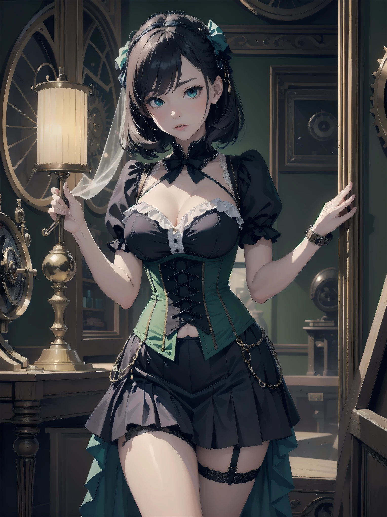 A whimsical Victorian-steampunk fusion portrait featuring Blake Akane Kurokawa as a kawaii protagonist. Set against a muted backdrop, she poses in front of an antique clockwork mechanism, surrounded by intricately crafted gears and cogs. Her dark blue-purple chibi hair falls in soft waves around her face, framing her bright green eyes. A delicate corset adorns her frame, accentuating her waist, while a voluminous skirt flows behind her like a misty veil. Lace, ruffles, and ribbons adorn the hem, adding a touch of femininity to this steampunk-inspired masterpiece.