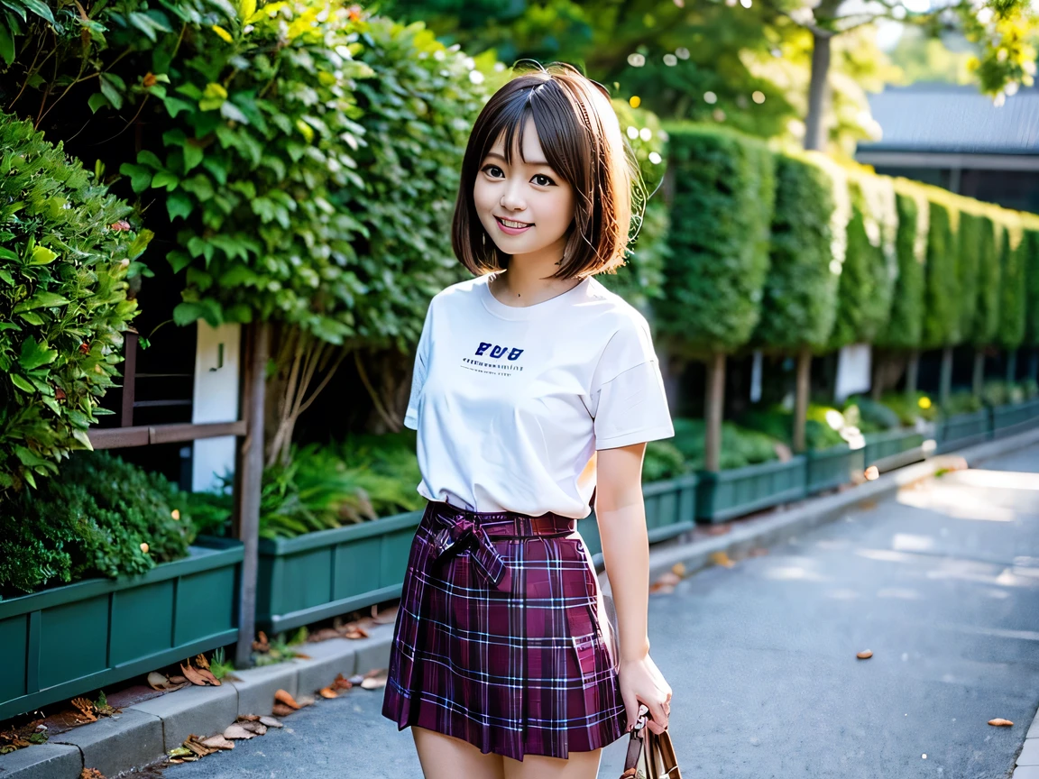 (8K, RAW Photos:1.2), Detailed face and eyes,最high quality, Ultra-high resolution, Very detailed ,Intricate details ,Tabletop ,pretty girl , Soft cinematic light, Hyper Detail,Sharp focus, high quality, Brown Hair,((Bobcut))、(Straight bangs)、 outside,T-Shirts、(Pleated skirt)、”dwarf”、(Full Body Shot)、Waist、(I can see your thighs)、Cowboy Shot、 smile、