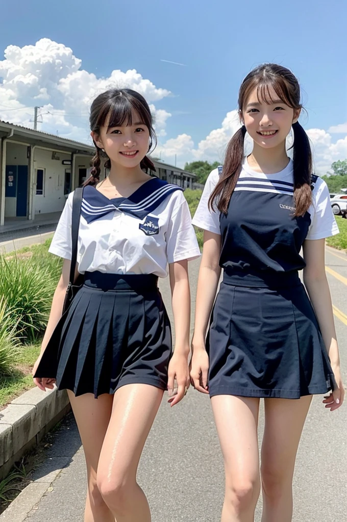 2 girls walking in rural railway station,long train,cumulonimbus cloud in summer blue sky,white sailor shirt and navy blue pleated skirt,18-year-old,bangs,a little smile,thighs,knees,wet short hair with low pigtails bunches,from beside,front light