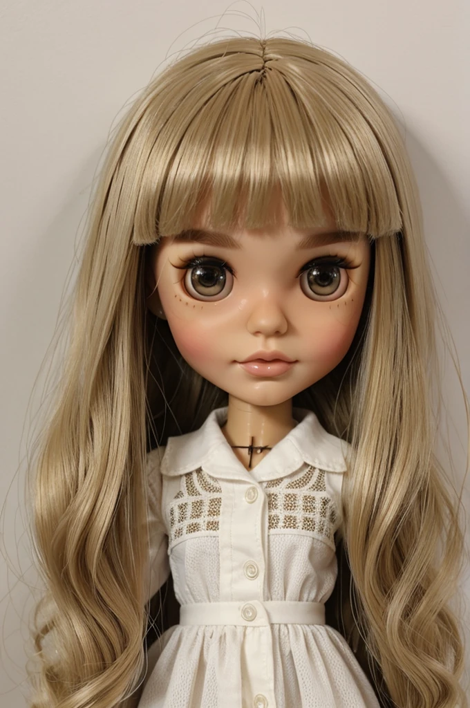Blythe doll with dark hair and blonde bangs