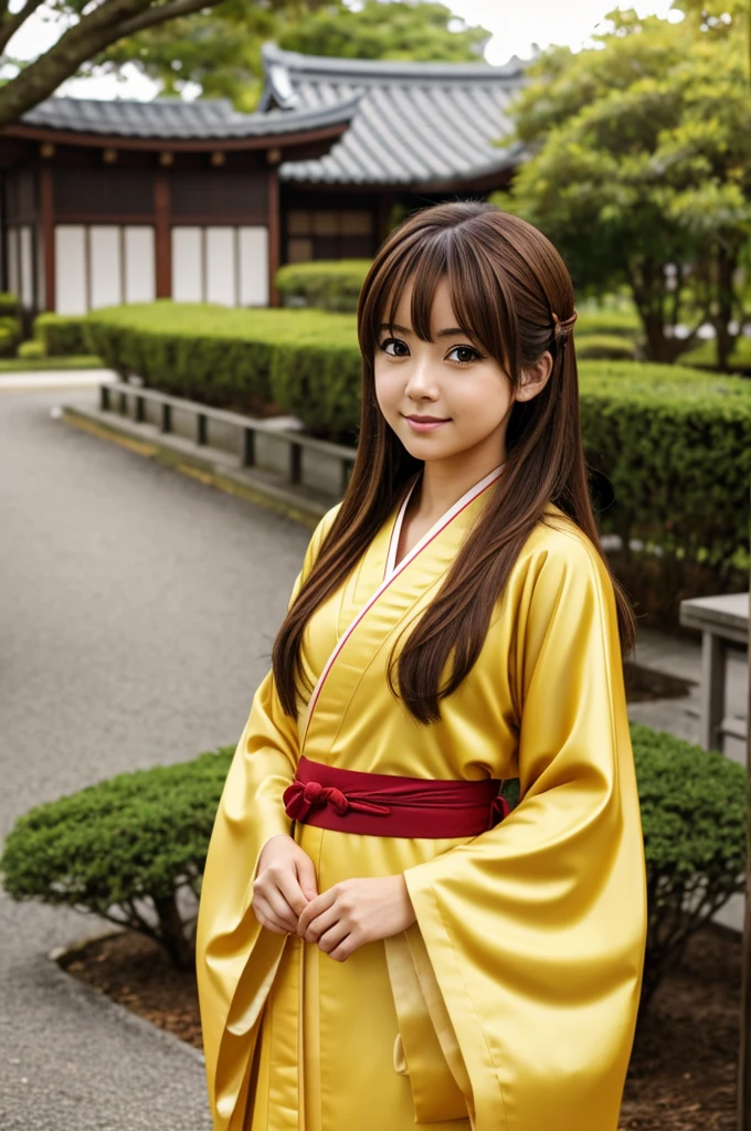 anime girl, Brown hair, high collection, short kimono, yellow kimono red obi 