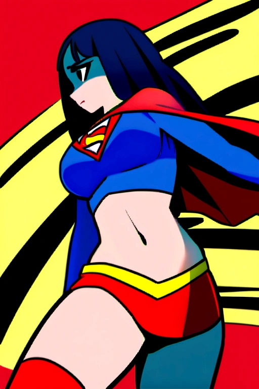 white eyes, long hair, dark blue hair, big breasts) , cosplaying as supergirl, supergirl,dark_blue_long_sleeve_cropped_top,belly_button,red_miniskirt,_red_cape,red_boots,superman_logo, flying in the in the sky , solo, 1girl