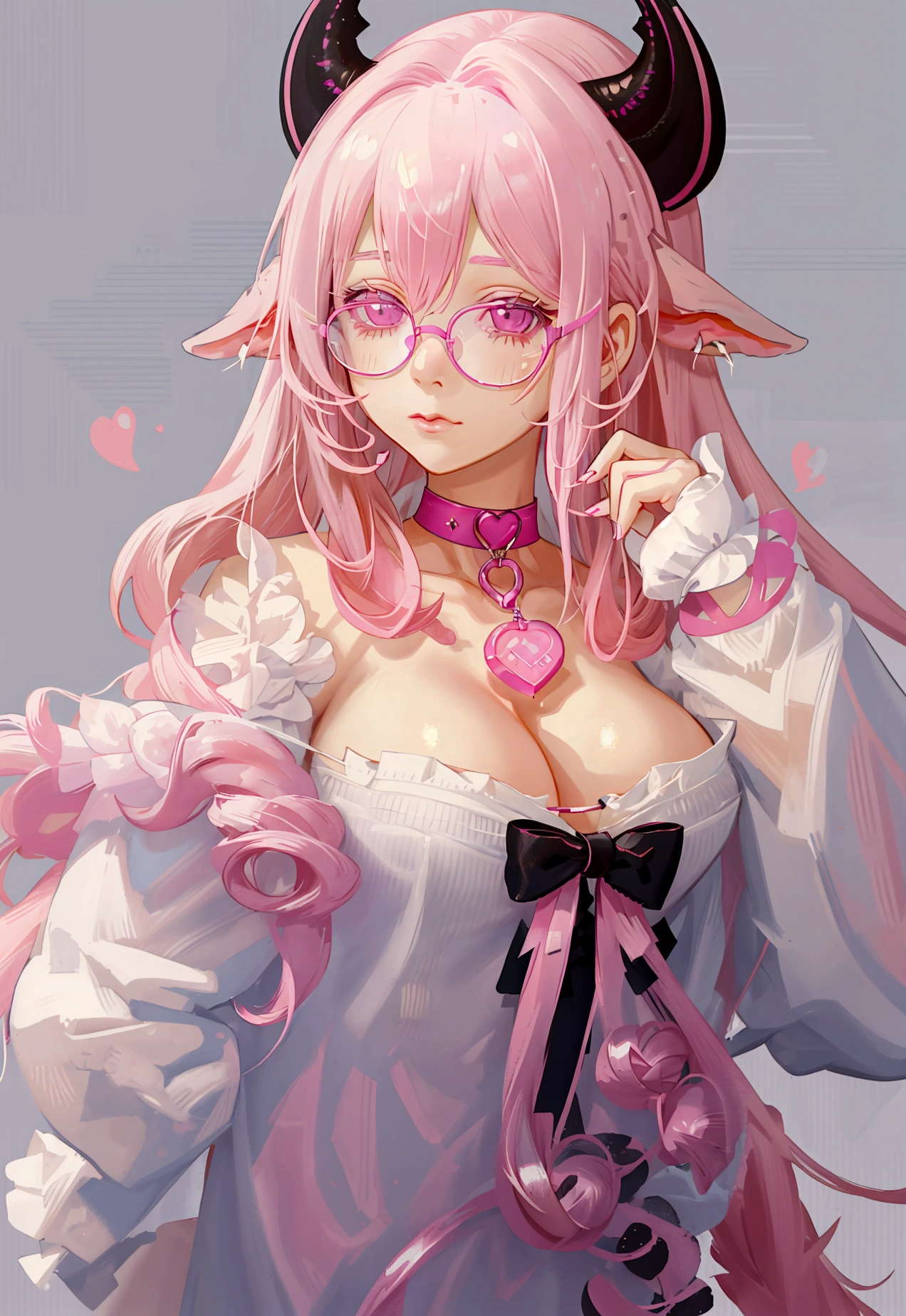 "IMVU, pink hair, pink heart eyes, white round glasses, pale skin, white and pink cow ears, white horns with pink bows, fuzzy white jacket with pink spots, pink cowbell choker, kawaii, soft, high quality, masterpiece, 8k, large breasts, showing cleavage