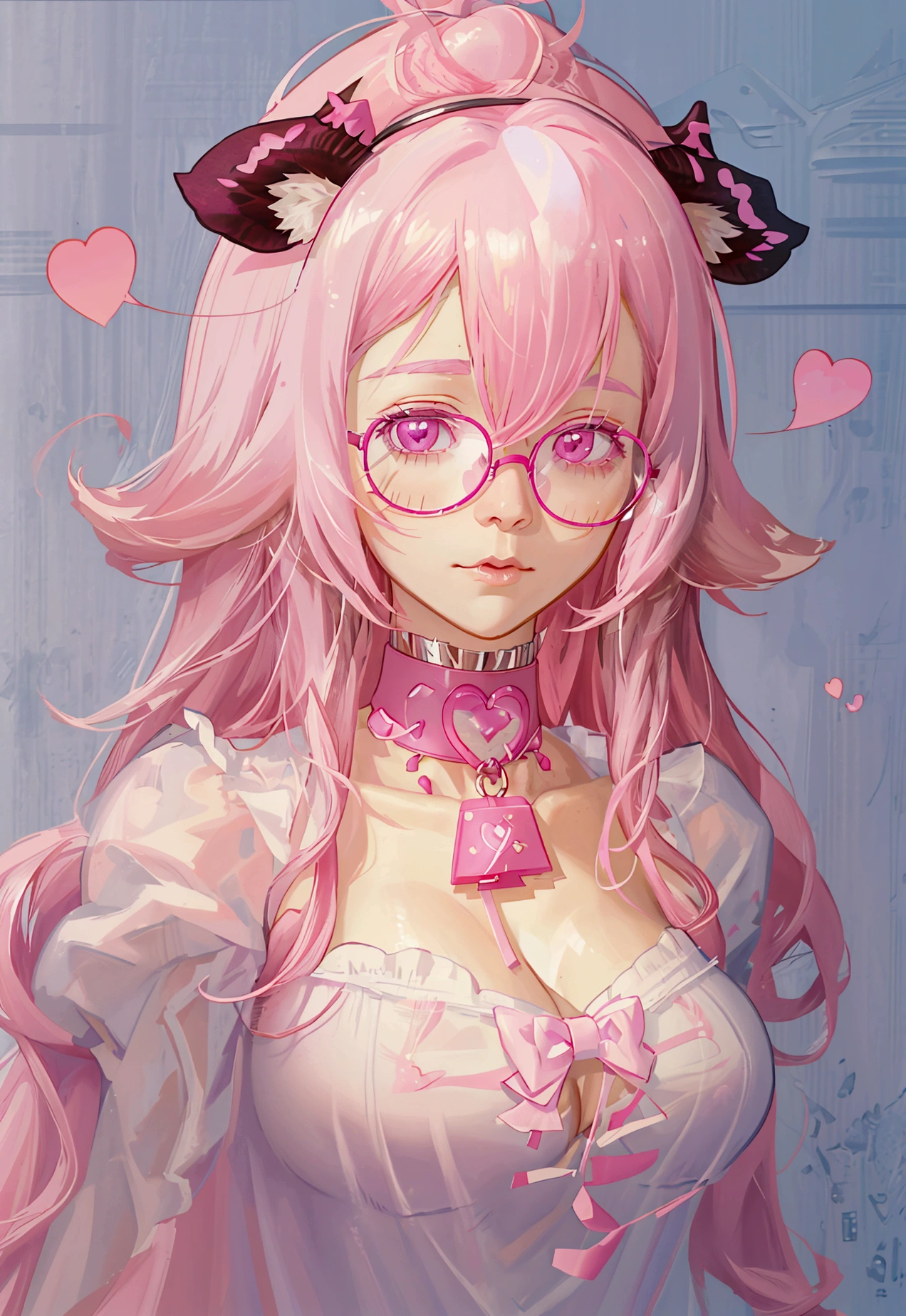 IMVU, pink hair, pink heart eyes, white round glasses, pale skin, white and pink cow ears, white horns with pink bows, fuzzy white jacket with pink spots, pink cowbell choker, kawaii, soft, high quality, masterpiece, 8k