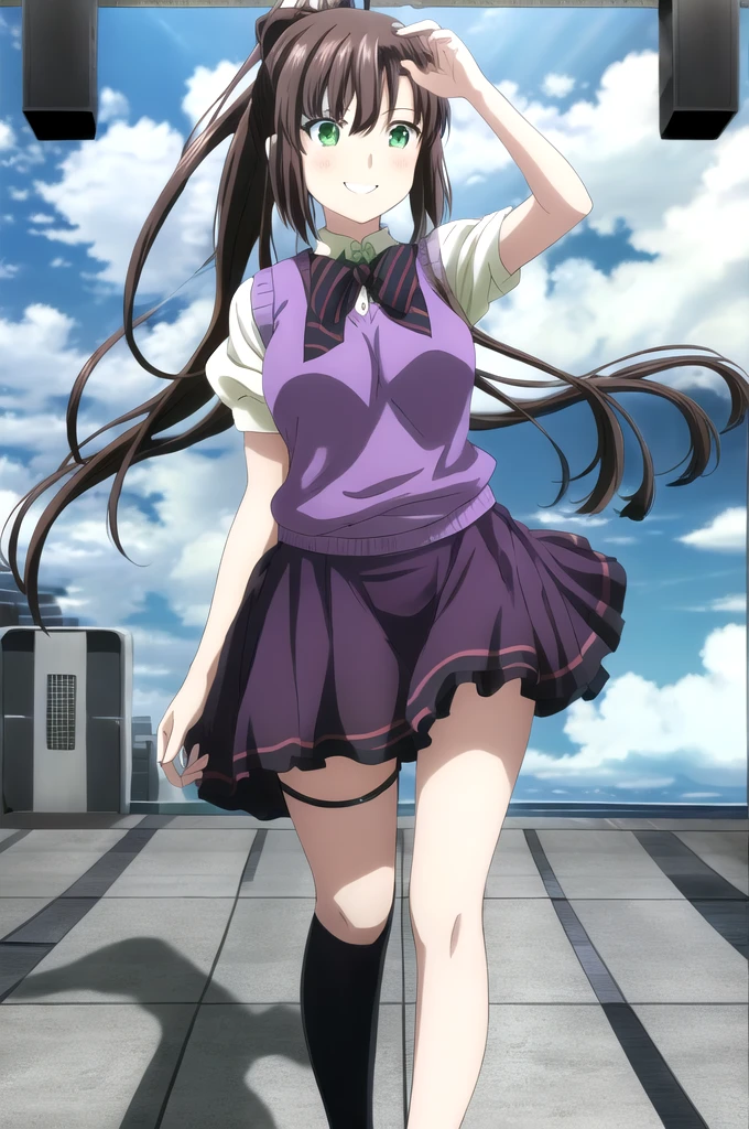 (masterpiece:1.3), (Highest quality:1.3), Ultra-high resolution、ultra-detailed, Details,One girl,alone,Brown Hair,Long Hair,ponytail, Hair Ribbon, Green Eyes,Purple vest, bow tie,Purple knee socks, Outdoor,Skyline,海の見えるstage、marble、The best smile、Beautiful Landscape、blue sea、Gazing at the Sea、Panty shot、Back view、stage、Angle from below、
Kirasaka Sayaka