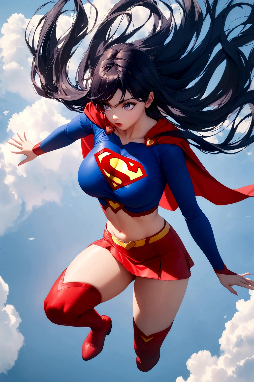 white eyes, long hair, dark blue hair, big breasts) , cosplaying as supergirl, supergirl,dark_blue_long_sleeve_cropped_top,belly_button,red_miniskirt,_red_cape,red_boots,superman_logo, flying in the in the sky , solo, 1girl