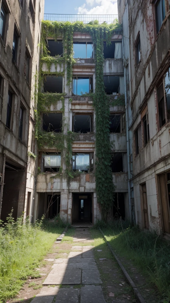 Make an art of an abandoned place, with vegetation taking over the buildings