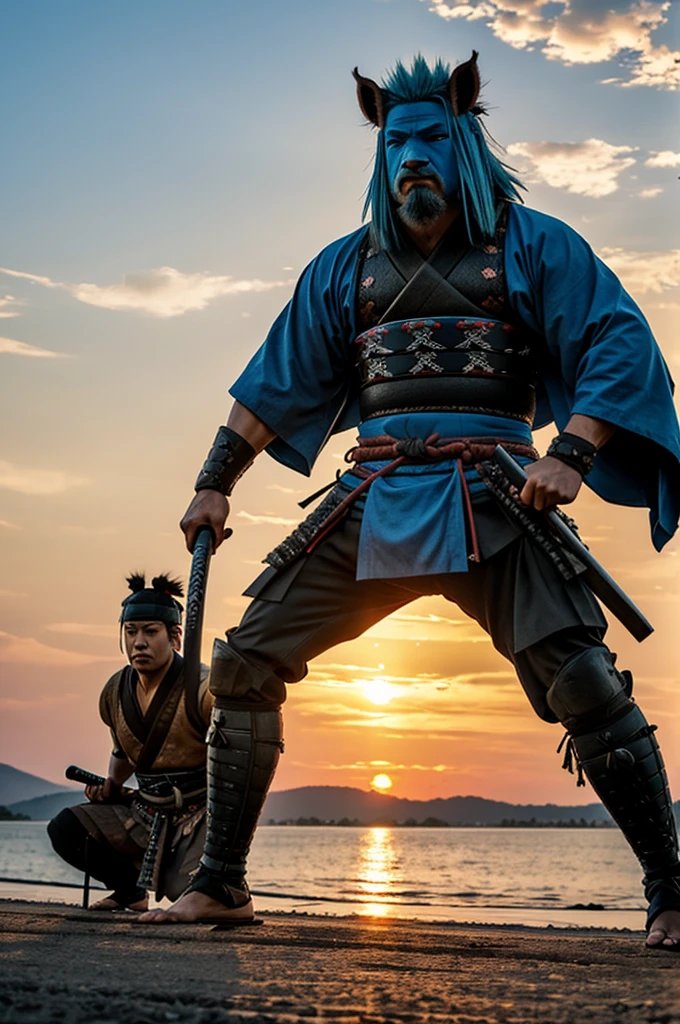 No samurai with boar head and blue hair holding two katanas and watching the sunset