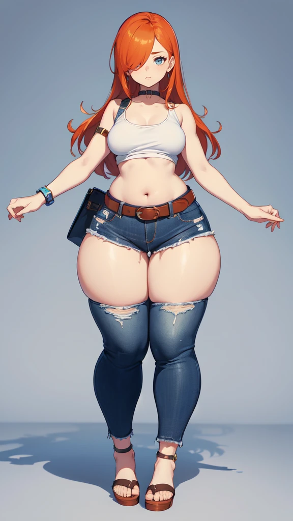 blank background, (((full body))), (masterpiece), ((best quality)), (very short girl), ((flat chest)), hair over one eye, (wide hips:1.4), ((thick thighs:1.4)), (blue jeans), sandals, belt below navel, fanny packs, ginger hair, from behind