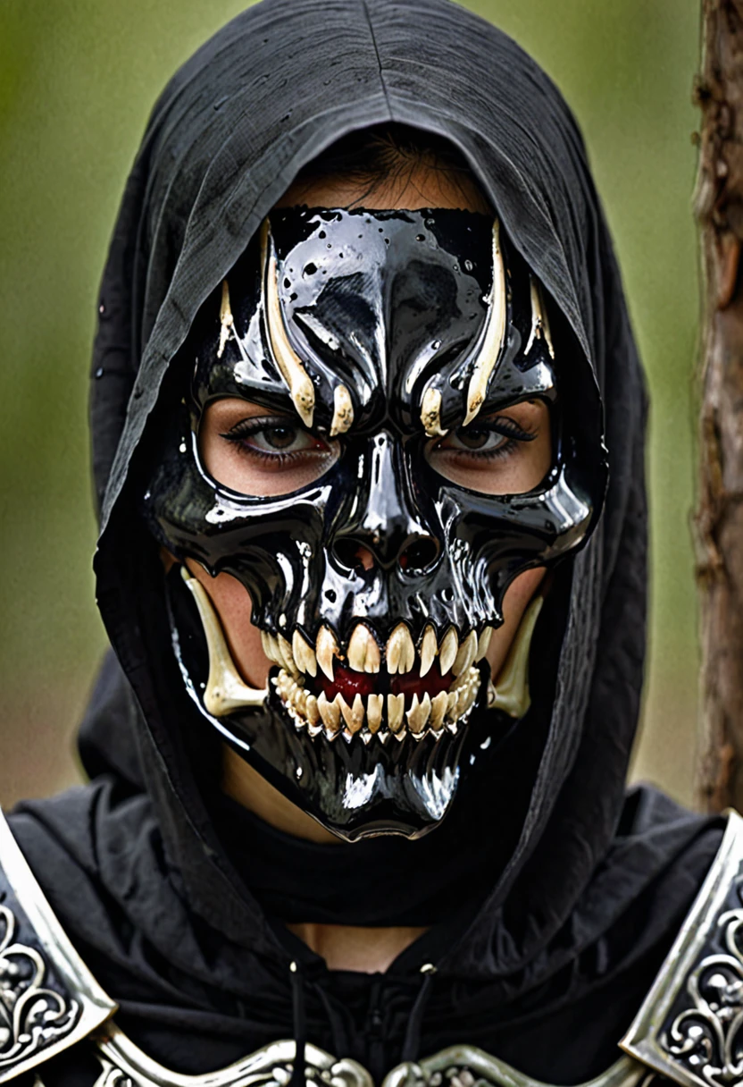 Person looking straight ahead with a dark mask of bone and sharp teeth with a tired look crying blood