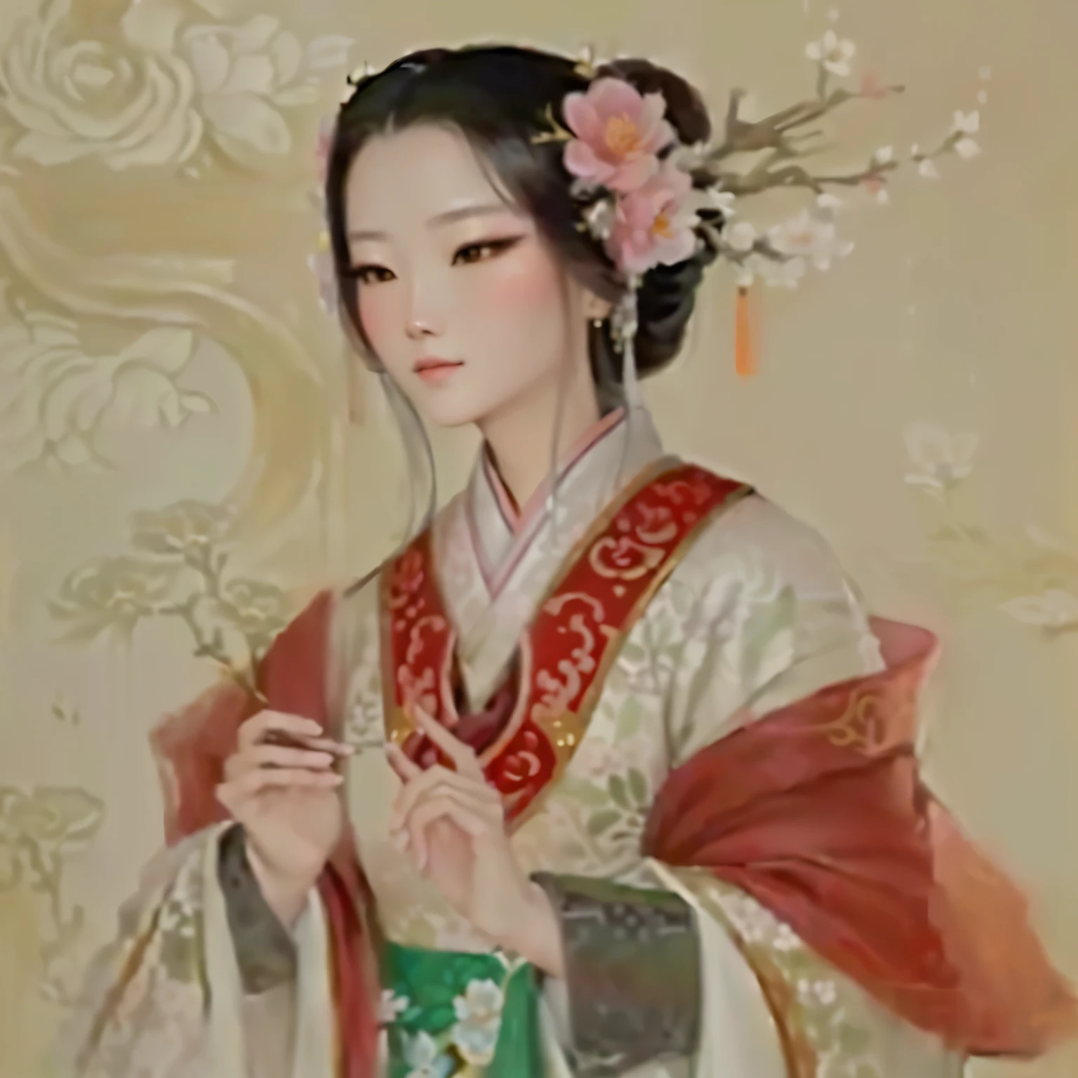 a close up of a painting of a woman with a flower in her hair, ancient chinese beauties, ancient chinese princess, inspired by Yun-Fei Ji, ancient chinese goddess, chinese woman, wearing ancient chinese clothes, chinese empress, ancient china art style, traditional chinese, inspired by Qiu Ying, chinese princess, palace ， a girl in hanfu, inspired by Li Tang