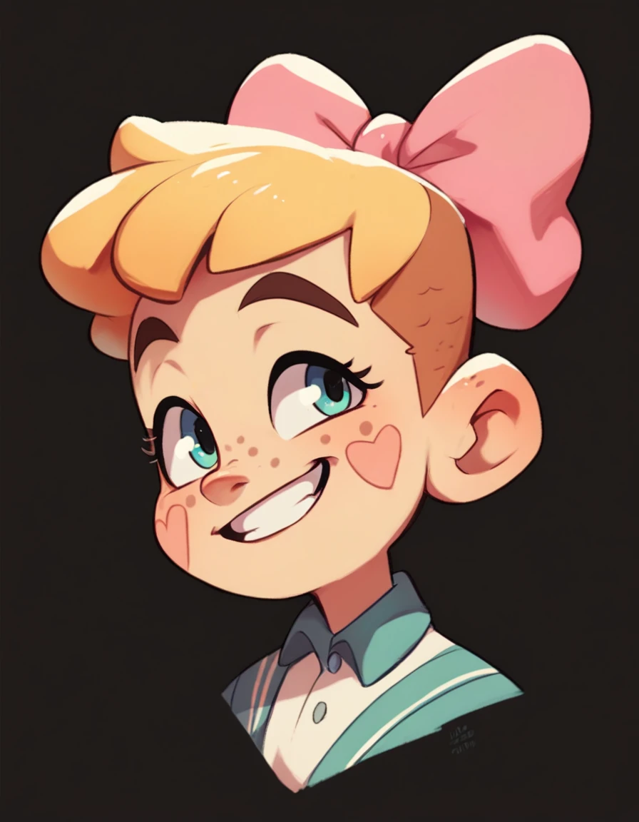 Drawing of a smiling, with a small bright pink bow on her head, with black background