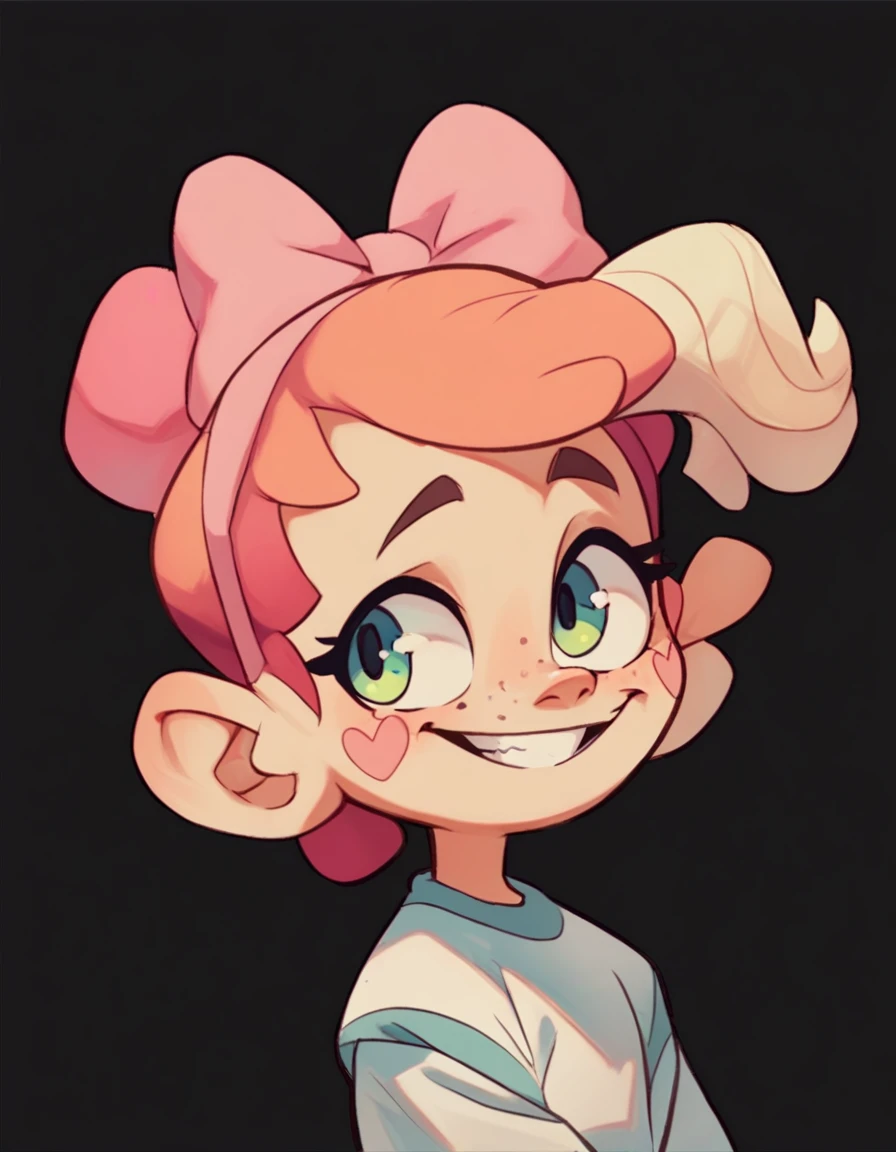 Drawing of a smiling, with a small bright pink bow on her head, with black background