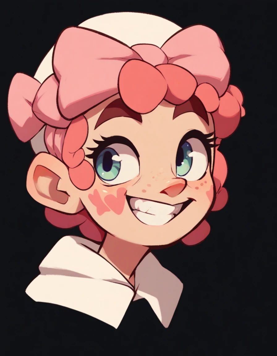 Drawing of a smiling, with a small bright pink bow on her head, with black background