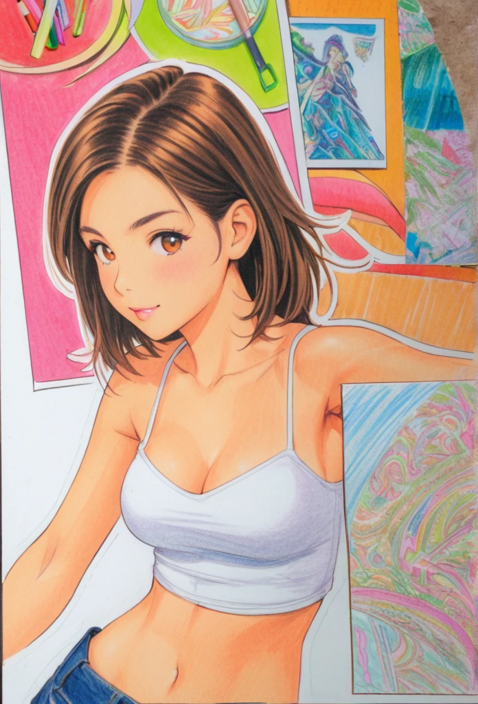 woman,Short camisole vest,White,Art,,Colored pencil sketch,sketch ,Comic Collage,illustration