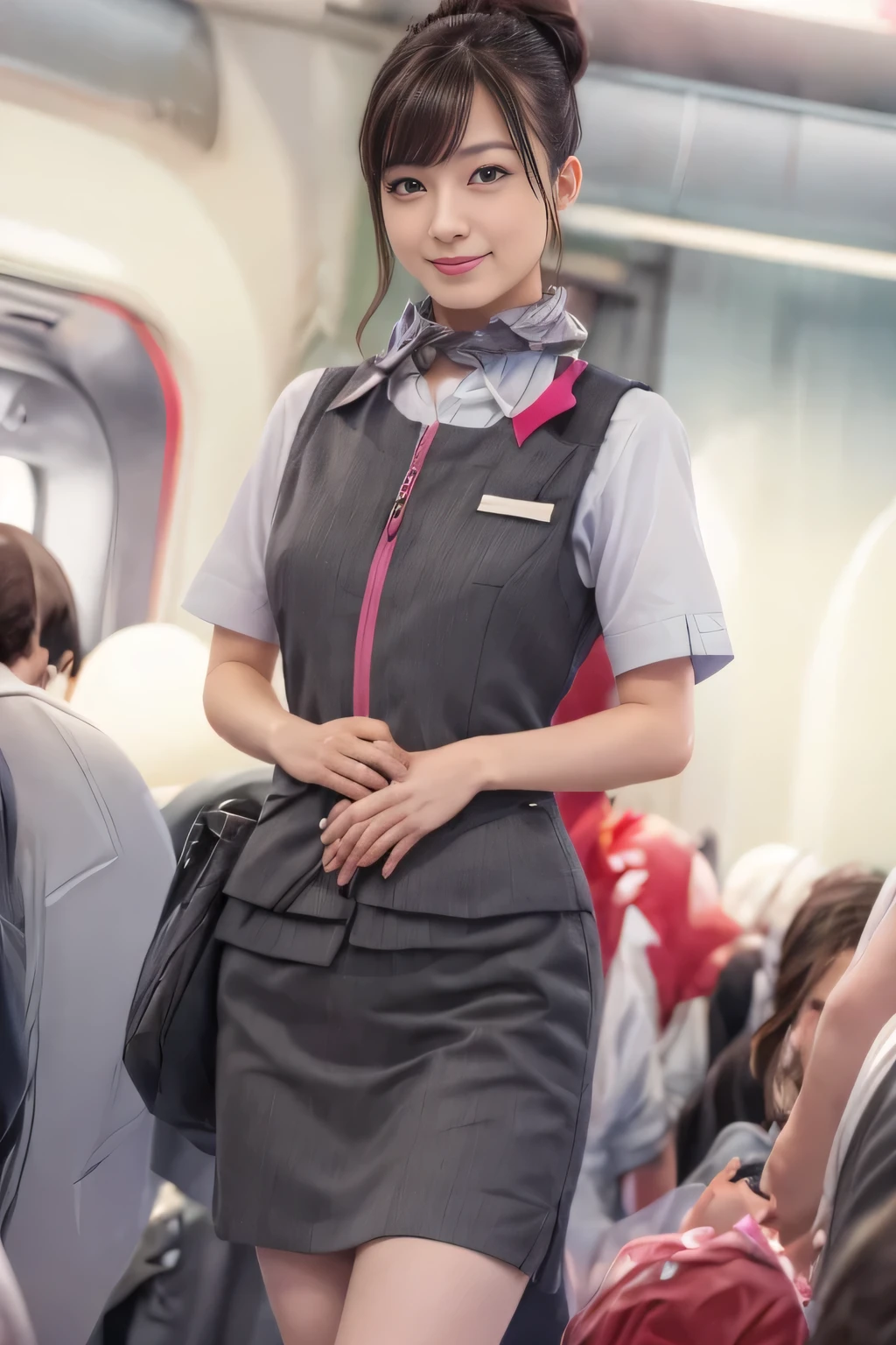 (masterpiece:1.2, Highest quality:1.2), 32k HDR, High resolution, (alone、One girl)、(At the station platform、Professional Lighting)、Empty train station platform background、(Realistic style of JR Gran Class crew uniform)、Short sleeve blouse、a scarf around the neck、(JR Gran Class flight attendant uniform with pink parts on the skirt sleeves)、(The uniform of a flight attendant in JR Gran Class has a pink line on the front zipper of the vest.)、Dark brown hair、(Chignon、Hair tied up)、Dark brown hair、Long Shot、Big Breasts、((Great hands:2.0)),((Harmonious body proportions:1.5)),((Normal limbs:2.0)),((Normal finger:2.0)),((Delicate eyes:2.0)),((Normal eyes:2.0)))、Big Breasts、Luxury Necklace、smile、Beautiful standing posture,Place your hands around your stomach