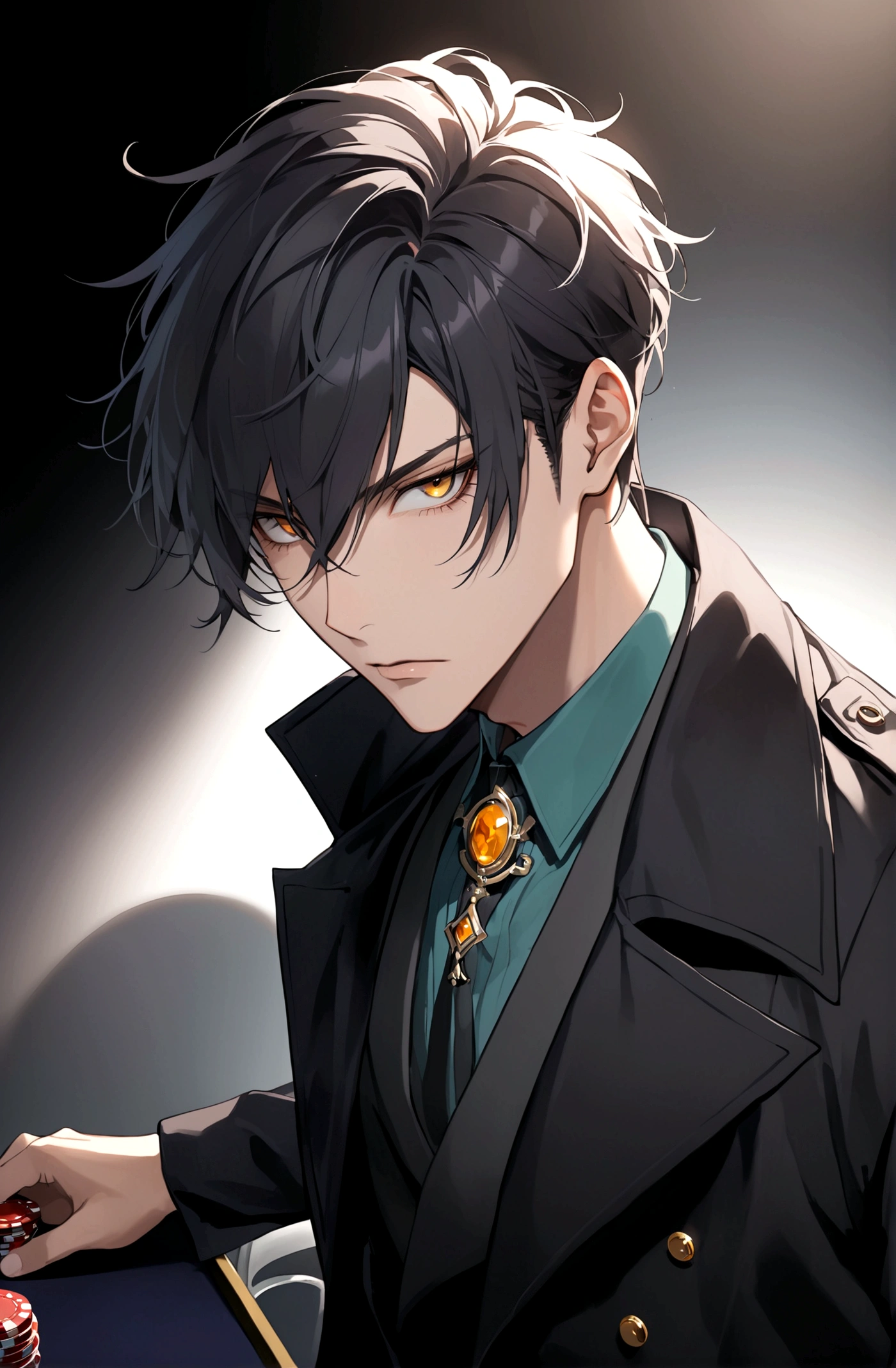 Poker face,Exquisite facial features,Young male，Black trench coat