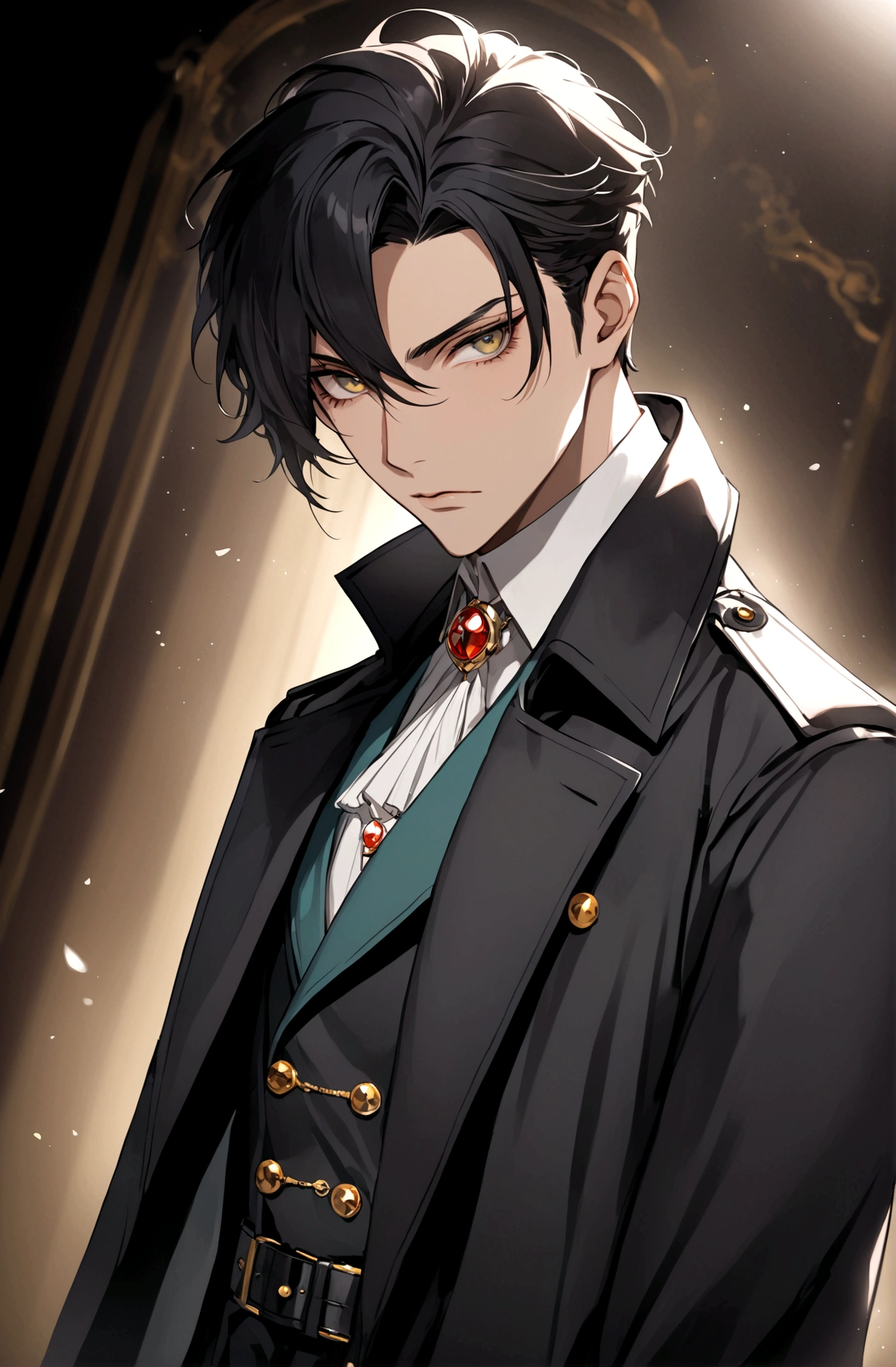 Poker face,Exquisite facial features,Young male,Black trench coat