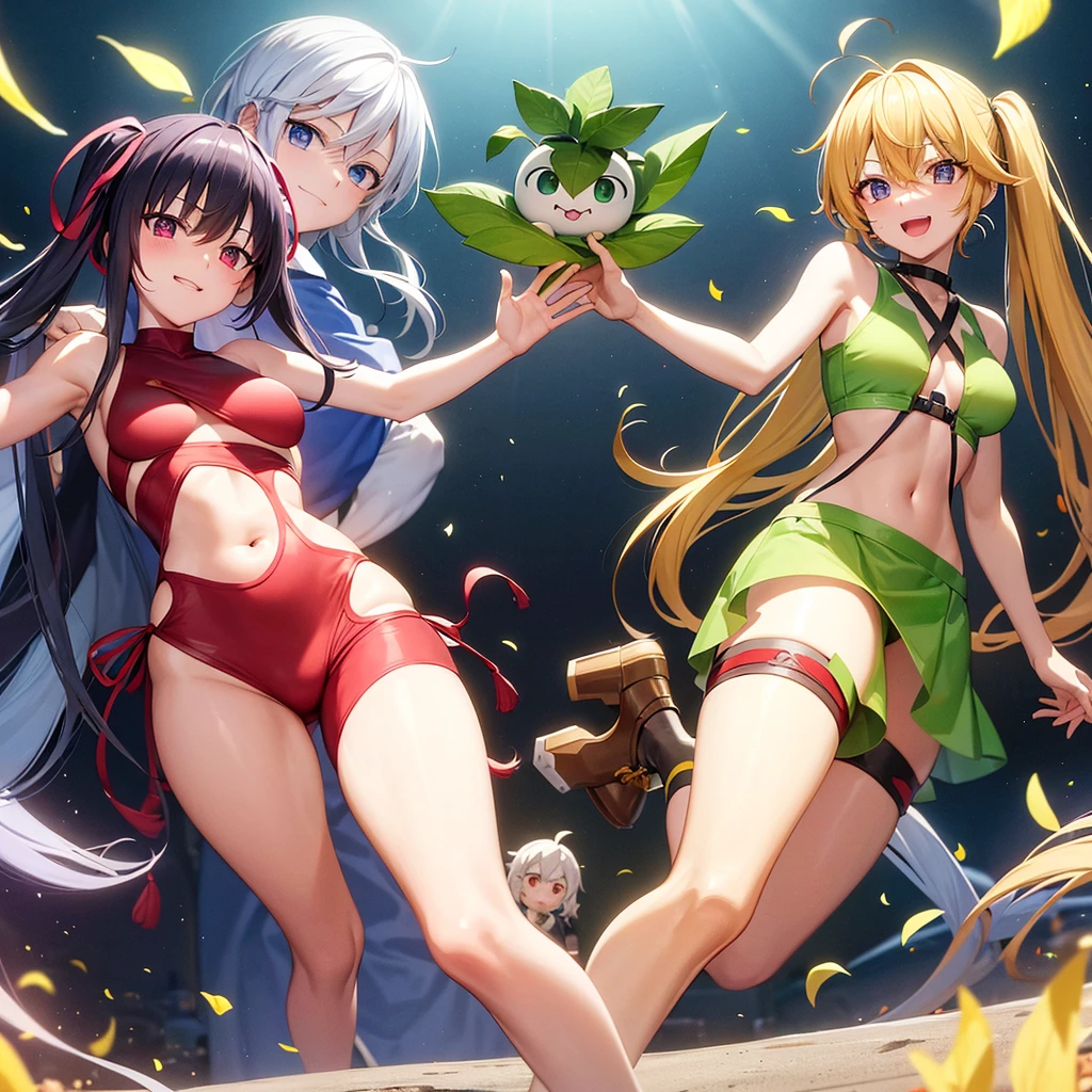 Make an image with five characters, character one is Razor from genshing impact eating a fruit next to him is character two who is Killua Zoldyck from hunter x hunter he is smiling and hugging character three who is Kagamine Len from vocaloid who is laughing surrounded by musical notes in color Yellow is followed by character four who is Alluka zoldyck from hunter x hunter, she is happy waving in front and finally character five is Gon Freecs from hubter.