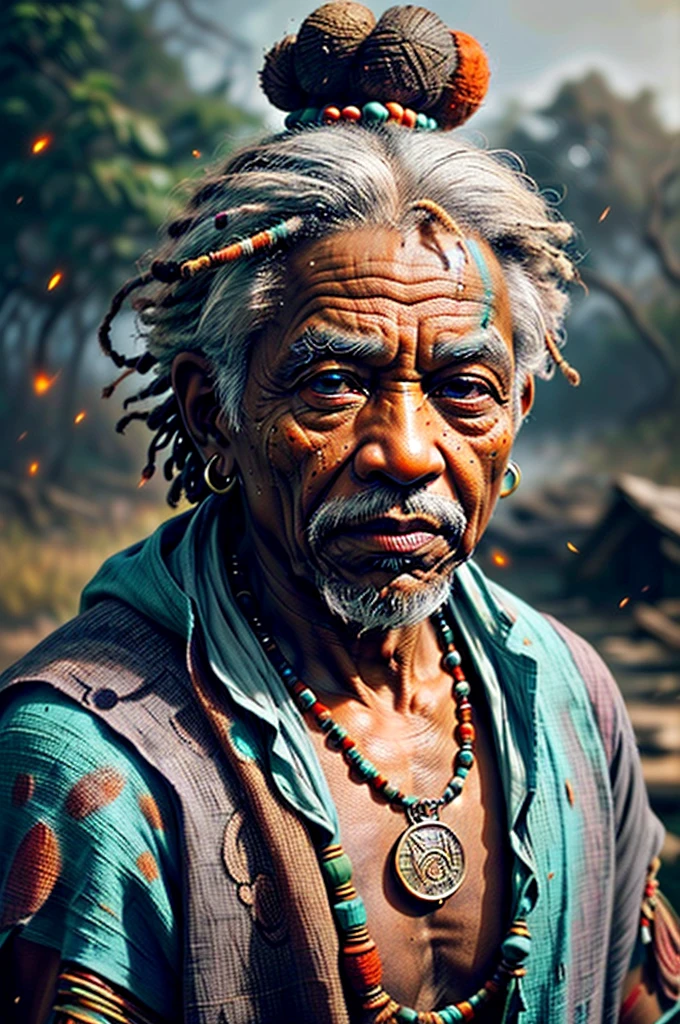 colorful chaos, vivid colors, striking visual design, (1man, wrinkled face, old  male:1.2), wise,  turquoise eyes, gray hair, scissor cut,
Style-GravityMagic, portrait, solo, half shot, detailed background, detailed face, (zulupunkai, zulu theme:1.1),  wise,  tribal witchdoctor shaman, mystical, black  clothes, beads, totem, amulet,    floating particles, embers, nature in background,   ethereal atmosphere,