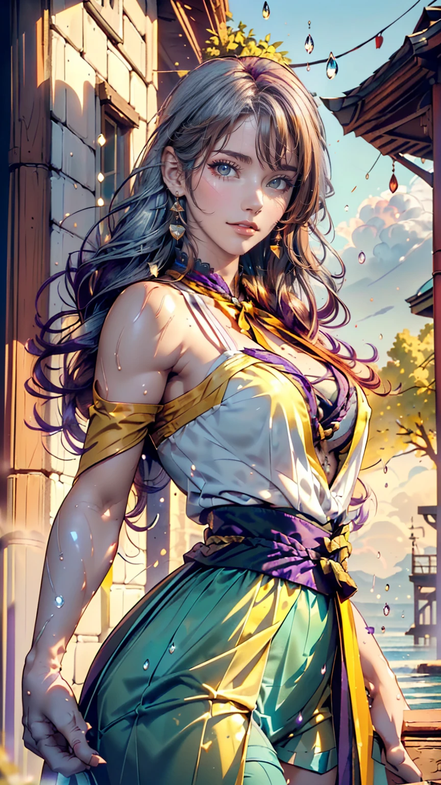 1.5),(1 Girl),(Dynamic pose),(multicoloRedhead+Silver Hair:1.3+Redhead:1.2+Purple Hair+Yellow Hair:1.3+Green Hair:1.3),(blue eyes),(Neck ribbon),(floating),(cloud),(Too many droplets of water),(Twilight),(watercolor),(Wide Shot)、Sexy proportions、Sexy、erotic、adult