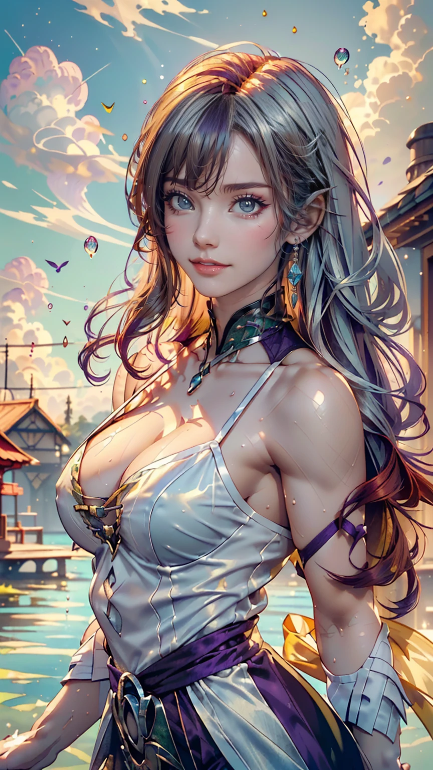 1.5),(1 Girl),(Dynamic pose),(multicoloRedhead+Silver Hair:1.3+Redhead:1.2+Purple Hair+Yellow Hair:1.3+Green Hair:1.3),(blue eyes),(Neck ribbon),(floating),(cloud),(Too many droplets of water),(Twilight),(watercolor),(Wide Shot)、Sexy proportions、Sexy、erotic、adult
