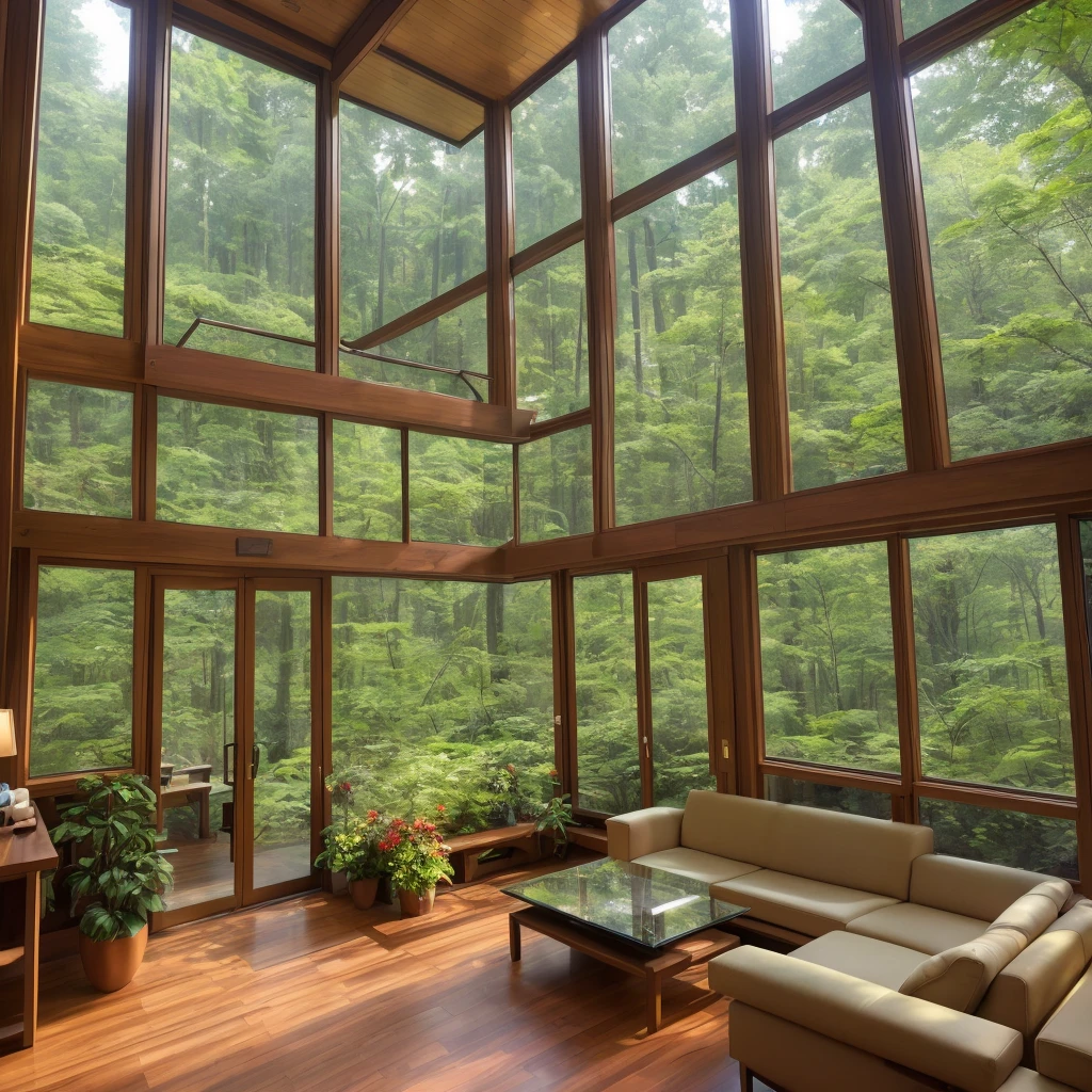 highly detailed photo,sharp details,4K,8k,12k,RAW photo,Sony A7SIII,24mm,masterpiece,award winning architectural photography,(interior:1.5),
Frank Lloyd Wright inspired futuristic living space,dense forest exterior,protective necessity,cozy and inviting interior,well-furnished,books,scientific equipment,immaculate,ambient interior lighting,comfort design,large windows,lush forest view,
vibrant,colorful,