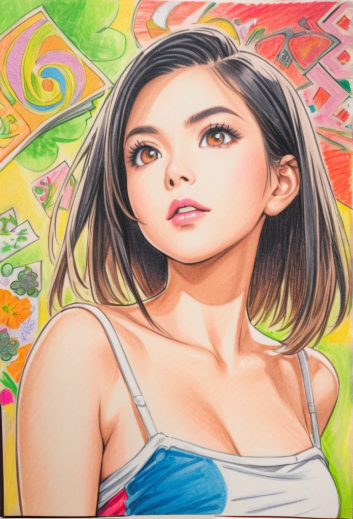  female，short camisole，white，Art，ad，colour pencil drawing，draft drawing ，comic collage