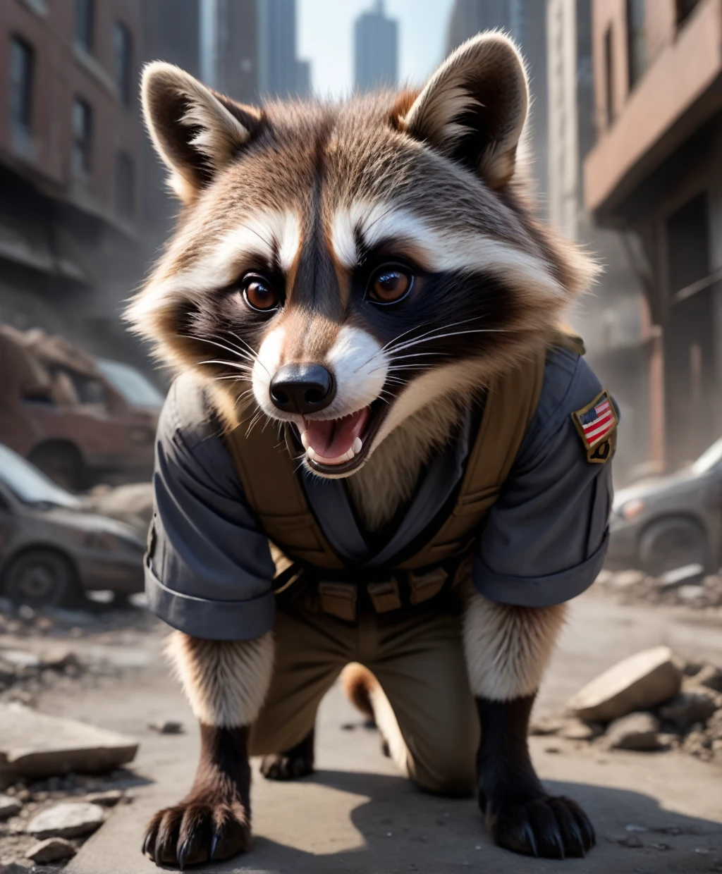 (masterpiece:1.1), (最high quality:1.1), (Sharp focus:1.2), (Focus Only 1.1), (View your viewers:1.25), Portrait of an anthropomorphic raccoon dog in post-apocalyptic clothing, ((feet, nail)), male, Open your mouth, Destroyed city, furry, fur, high quality photography, 4K, Canon EOS R3, High resolution, Smooth, Sharp focus, High resolution, Award-winning photo, 80mm, F2.8, Bokeh . 35mm Photography, movie, Bokeh, Professional, 4K, highly detailed, tooth, Open your mouth , detailed, Realistic, 8K Ultra HD, high quality、The motif is a raccoon dog、Anthropomorphic raccoon dog 、looks strong、Angry expression