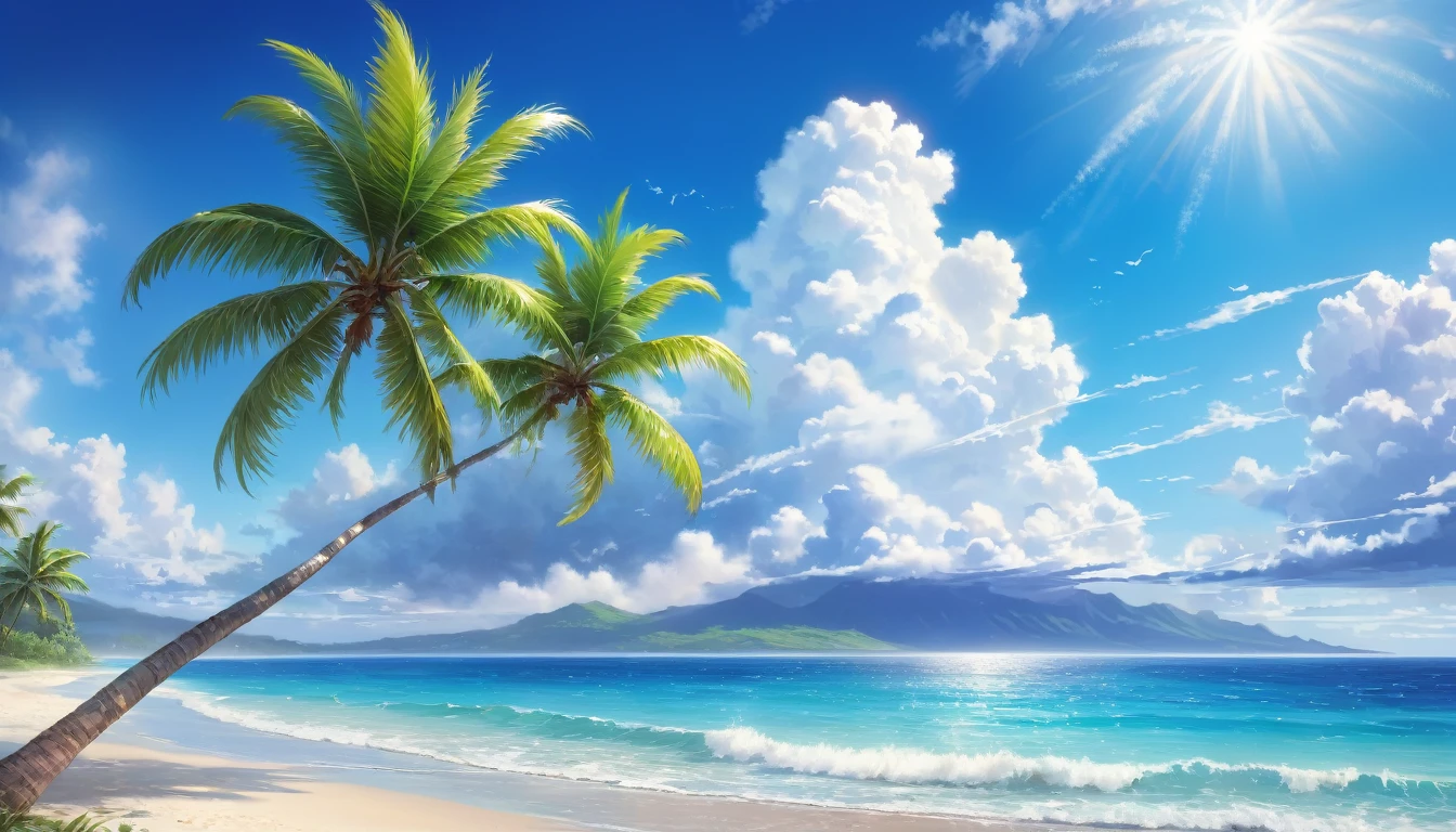 Tropical coast, The Wide Ocean,A clear sky with cumulonimbus clouds,Palm tree,Blur the background,Pleasant sea breeze,Glitter effect,Highest quality, 8K, High resolution, masterpiece:1.2, Very detailed, Realistic:1.37, High resolution, 超High resolution, Ultra-fine painting, Very detailed, Professional, Vibrant colors